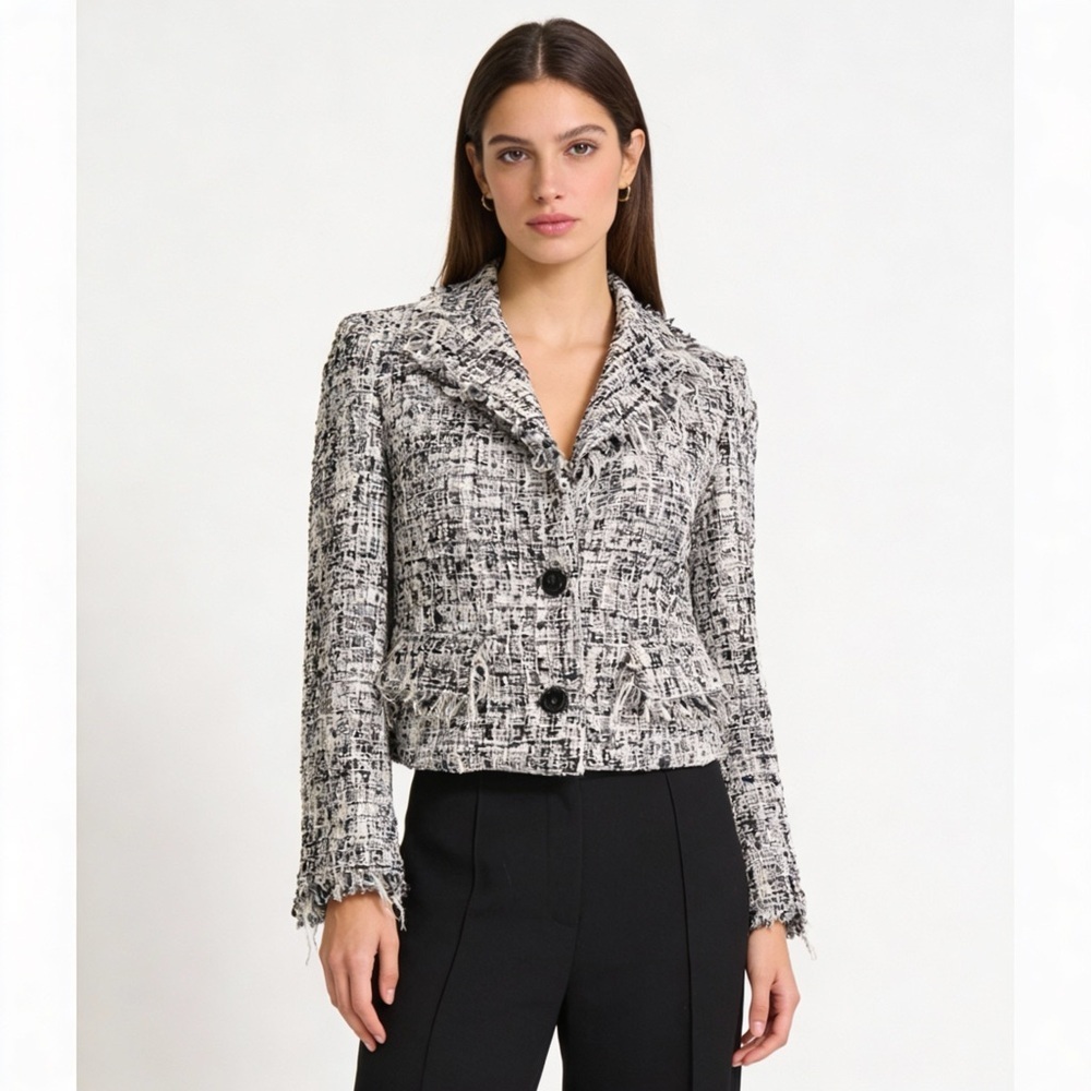 Alice + Olivia Cropped Boucle Jacket Black & White Size S